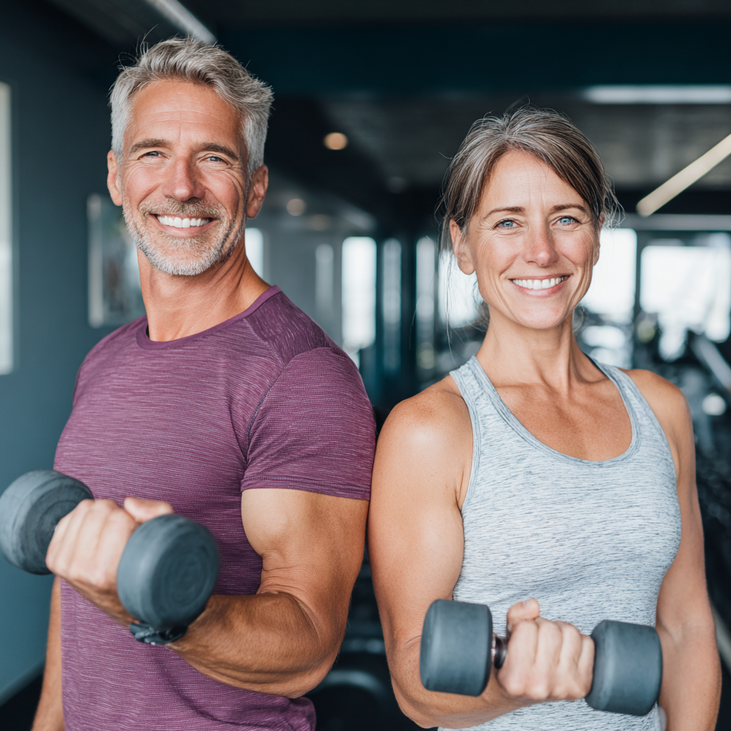 Active middle-aged man and woman in their late 40s exercising together in a modern gym, lifting dumbbells with confident smiles, wearing sporty athletic wear
