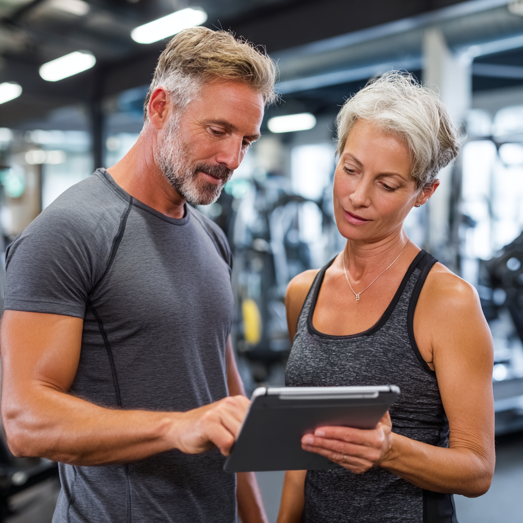 Professional fitness trainer in his early 50s consulting with a mature female client in her late 40s, both reviewing a personalized workout plan on a tablet in a bright modern gym setting
