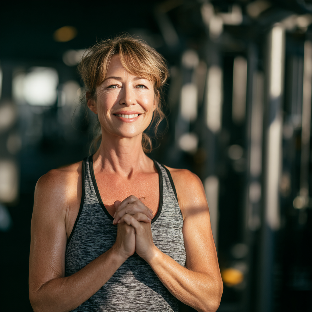 Smiling fitness instructor in her early 50s welcoming new gym members with an encouraging gesture, standing in a well-equipped modern fitness facility with natural lighting